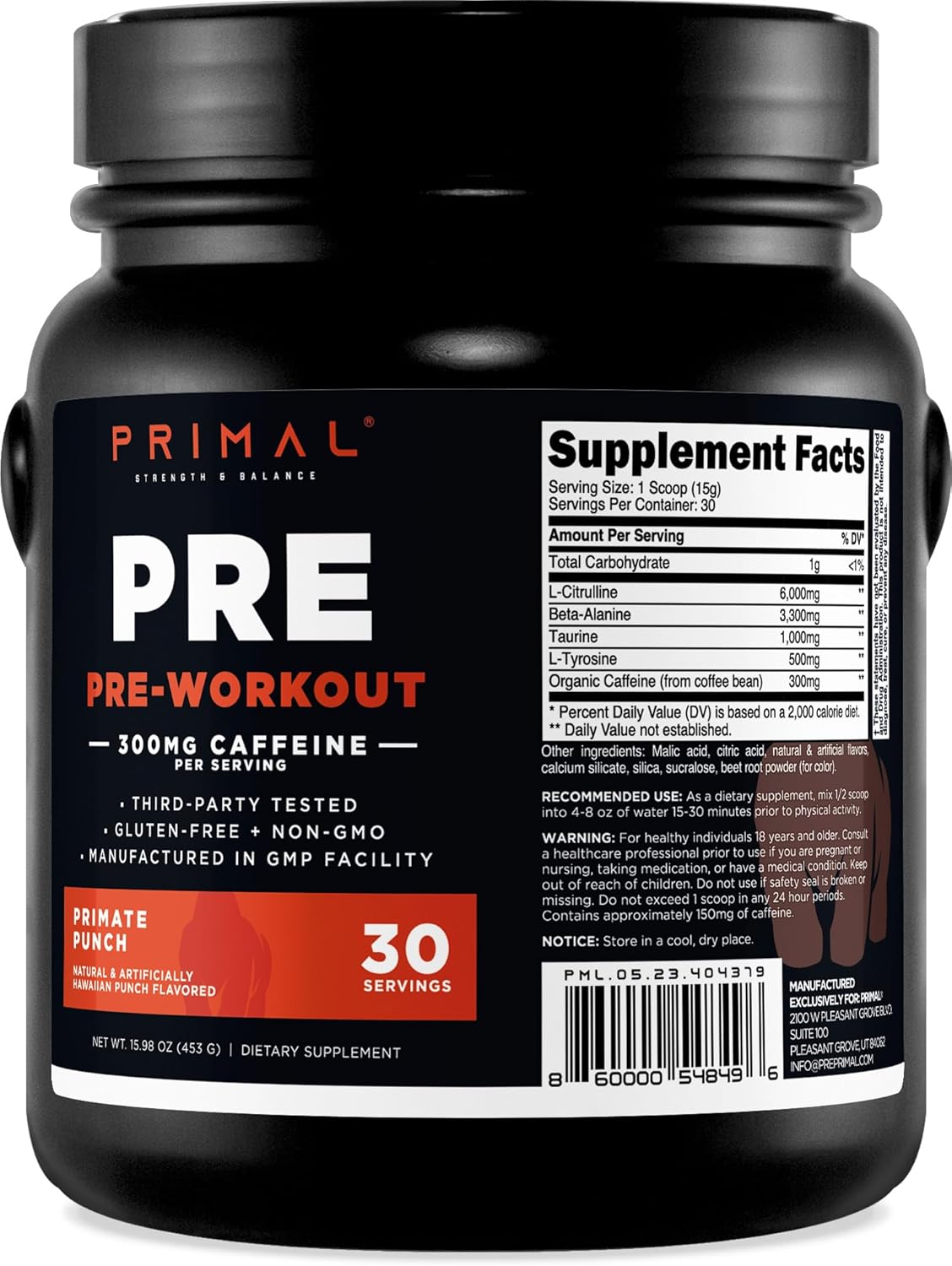 Tropical Flavored Primal Pre-Workout Primate Punch - 30 Servings, Gluten Free & Non-GMO