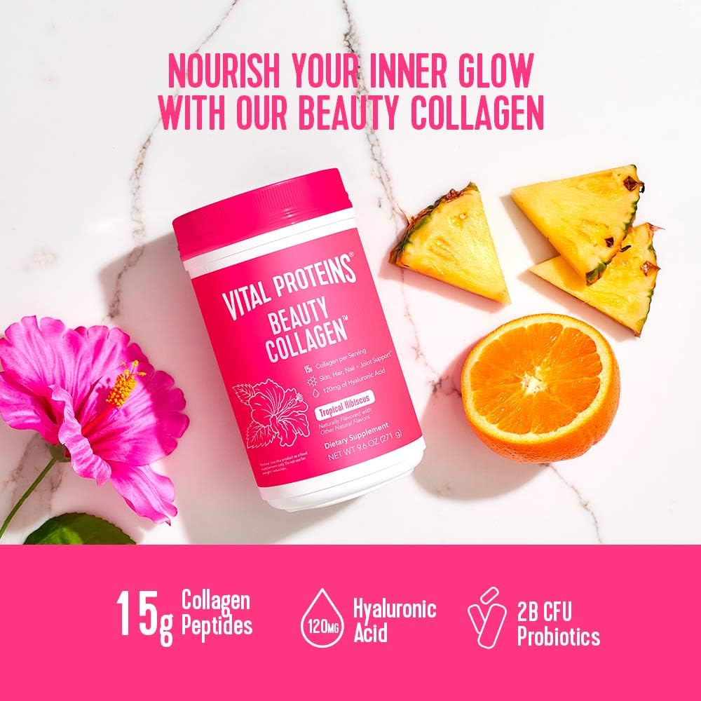 Tropical Hibiscus Collagen Powder with Hyaluronic Acid - Boost Skin Elasticity and Hydration - 15g Collagen Per Serving - Women's Supplement - 9.6oz Canister
