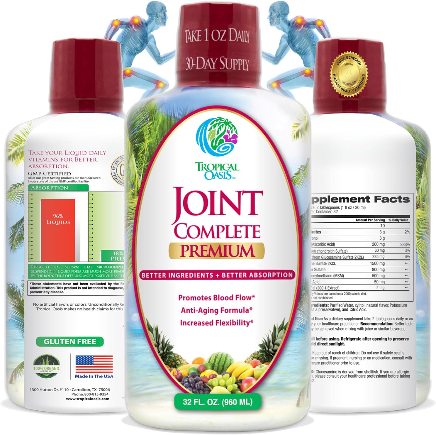 Tropical Oasis Joint Complete Premium Liquid Supplement with Glucosamine, Chondroitin, MSM, & Hyaluronic Acid - 32oz Bottle, 32 Servings