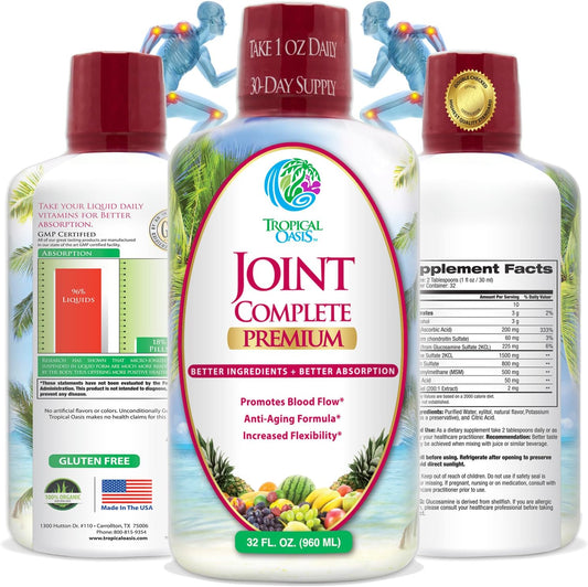 Tropical Oasis Joint Complete Premium Liquid Supplement with Glucosamine, Chondroitin, MSM, & Hyaluronic Acid - 32oz Bottle, 32 Servings