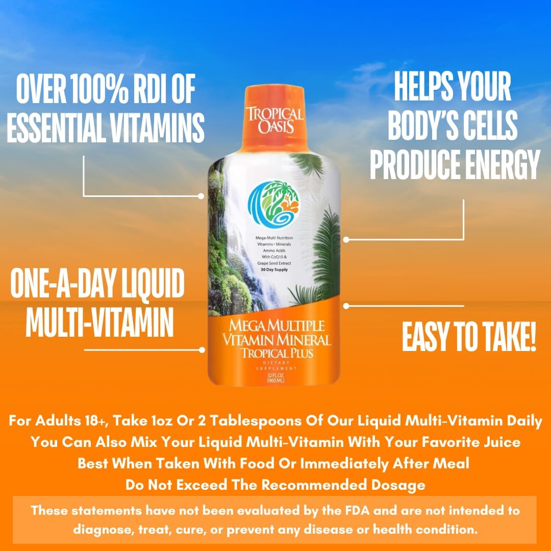 Tropical Oasis Mega Plus Liquid Multivitamin Supplement with 85 Vitamins & Minerals - 32oz Bottle, 32 Servings