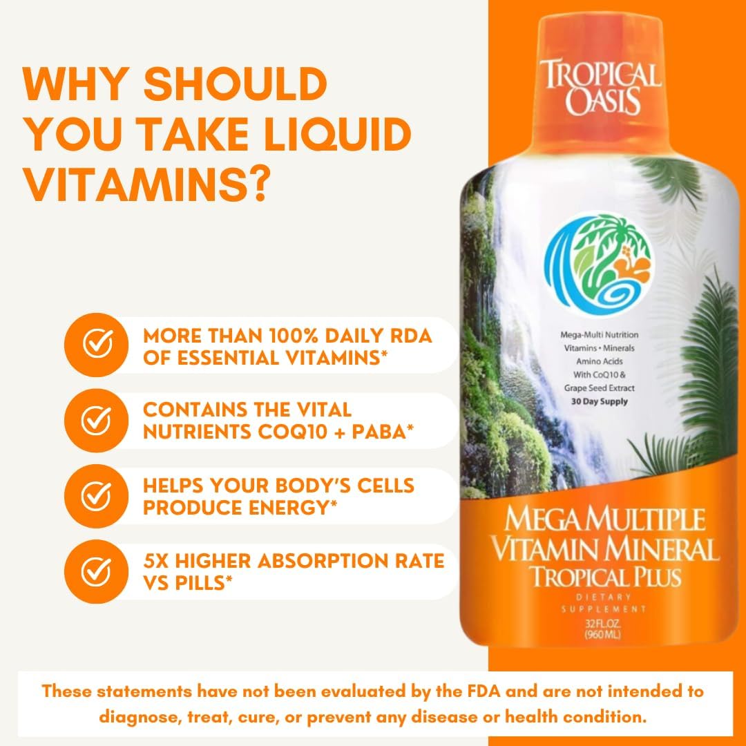 Tropical Oasis Mega Plus Liquid Multivitamin Supplement with 85 Vitamins & Minerals - 32oz Bottle, 32 Servings