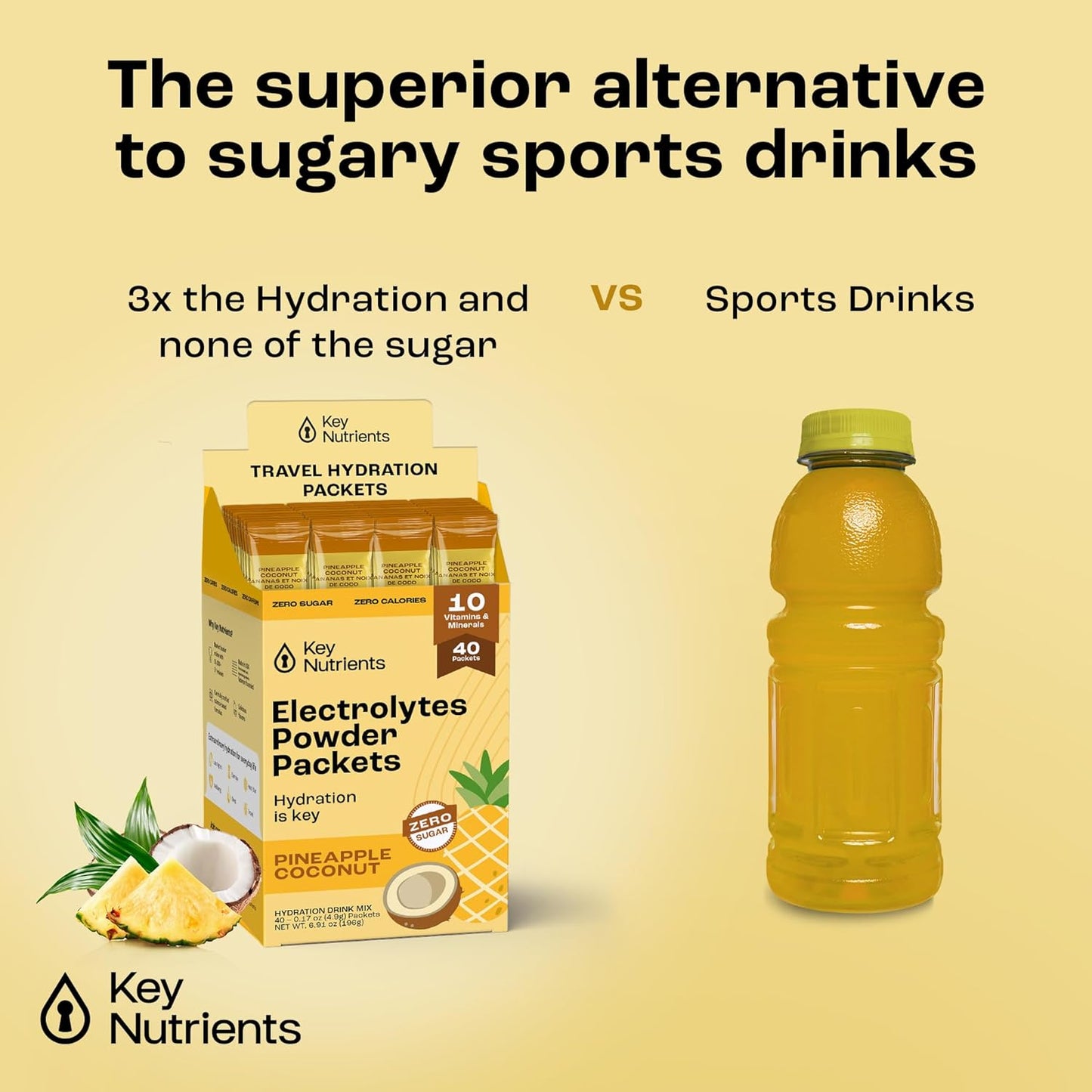 Tropical Pineapple Coconut Electrolyte Powder Packets - 40 Pack Hydration Travel Packets - Sugar-Free, Calorie-Free, Gluten-Free Keto Electrolytes Powder - USA Made