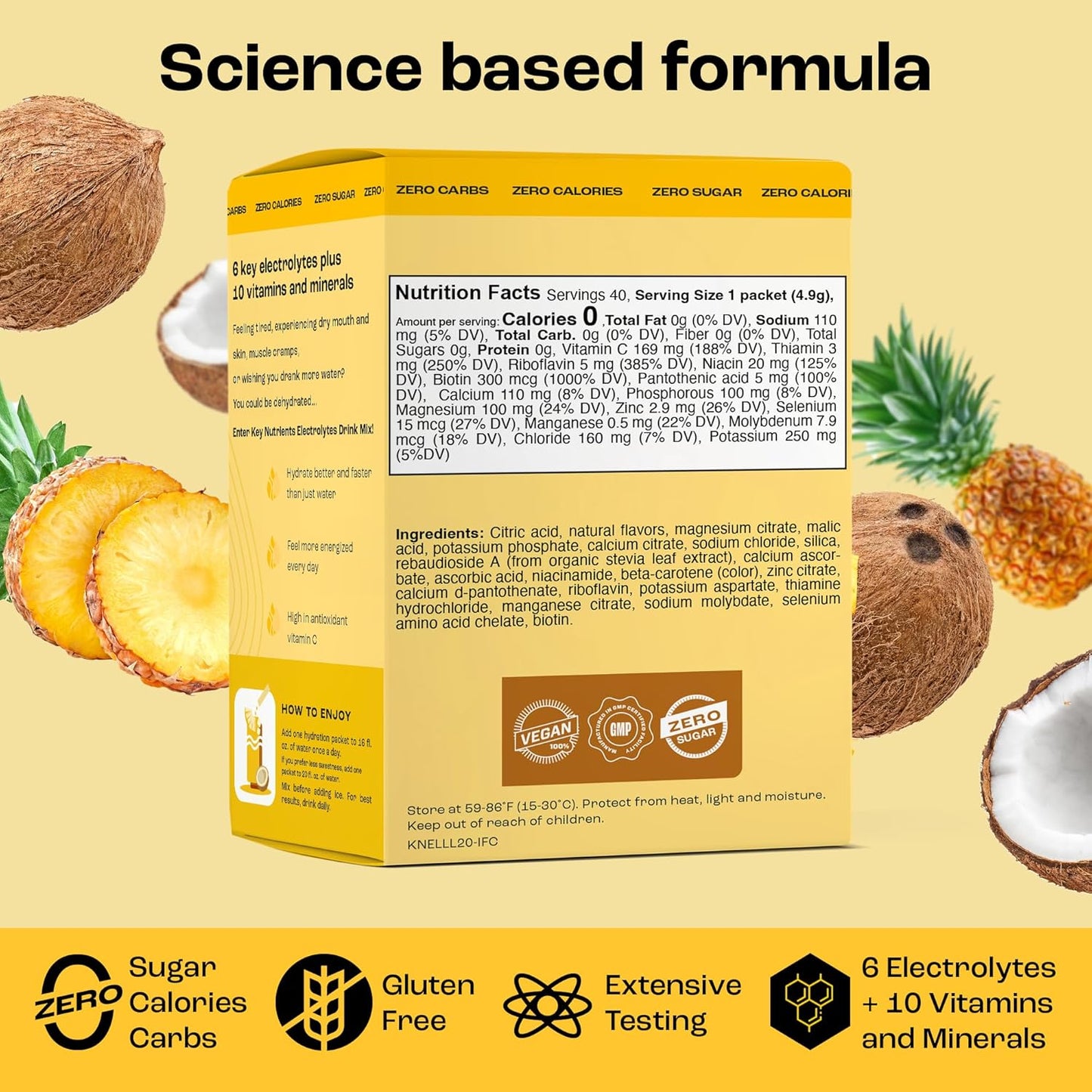 Tropical Pineapple Coconut Electrolyte Powder Packets - 40 Pack Hydration Travel Packets - Sugar-Free, Calorie-Free, Gluten-Free Keto Electrolytes Powder - USA Made