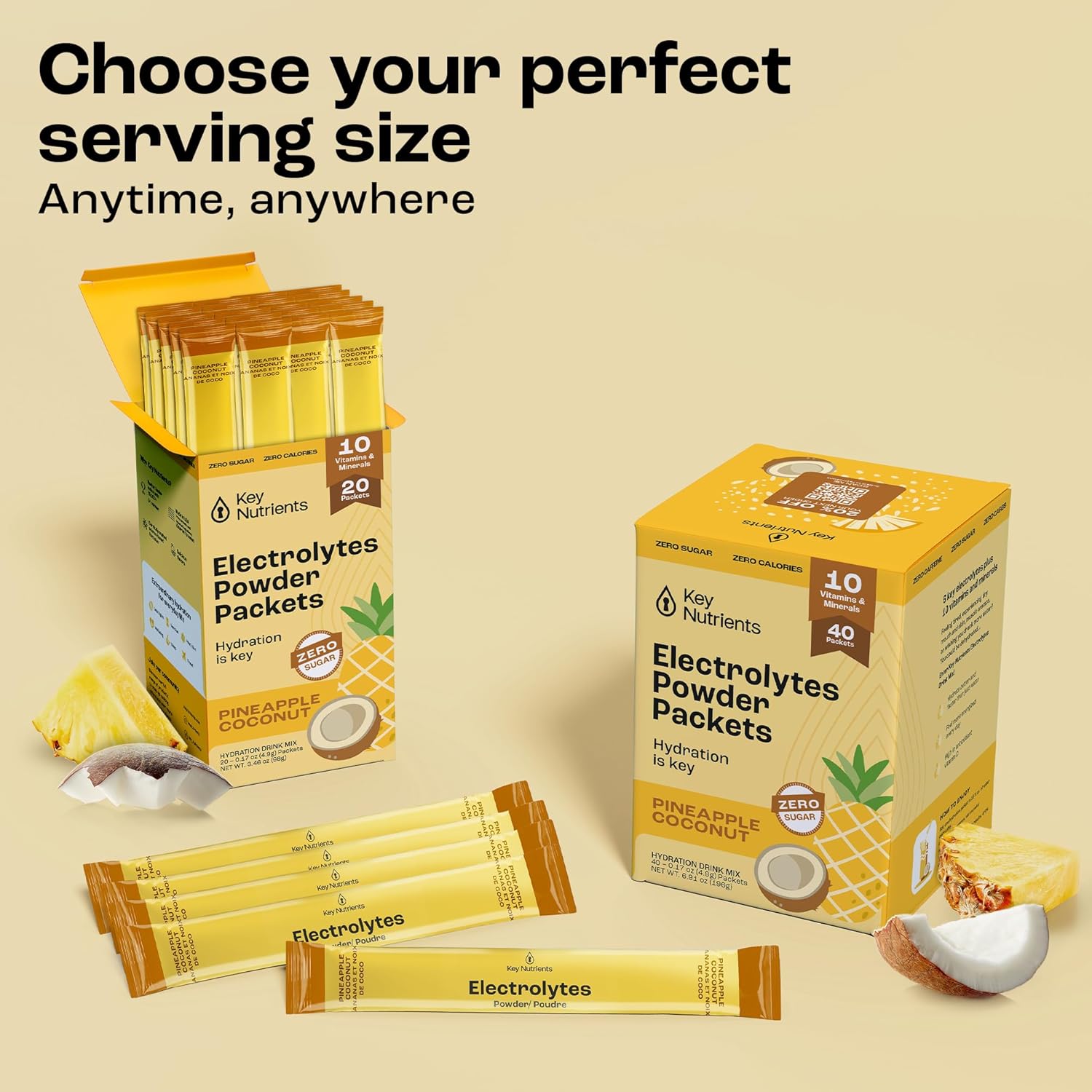 Tropical Pineapple Coconut Electrolyte Powder Packets - 40 Pack Hydration Travel Packets - Sugar-Free, Calorie-Free, Gluten-Free Keto Electrolytes Powder - USA Made