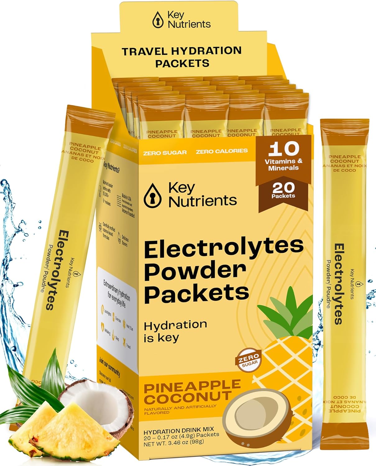Tropical Pineapple Coconut Electrolytes Powder Packets - 20 Pack Hydration for Travel - Sugar-Free, Calorie-Free, Gluten-Free Keto Powder - USA-Made
