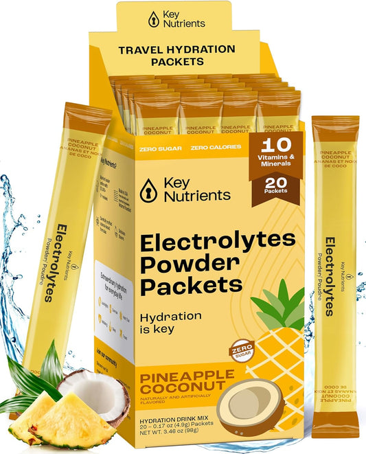 Tropical Pineapple Coconut Electrolytes Powder Packets - 20 Pack Hydration for Travel - Sugar-Free, Calorie-Free, Gluten-Free Keto Powder - USA-Made