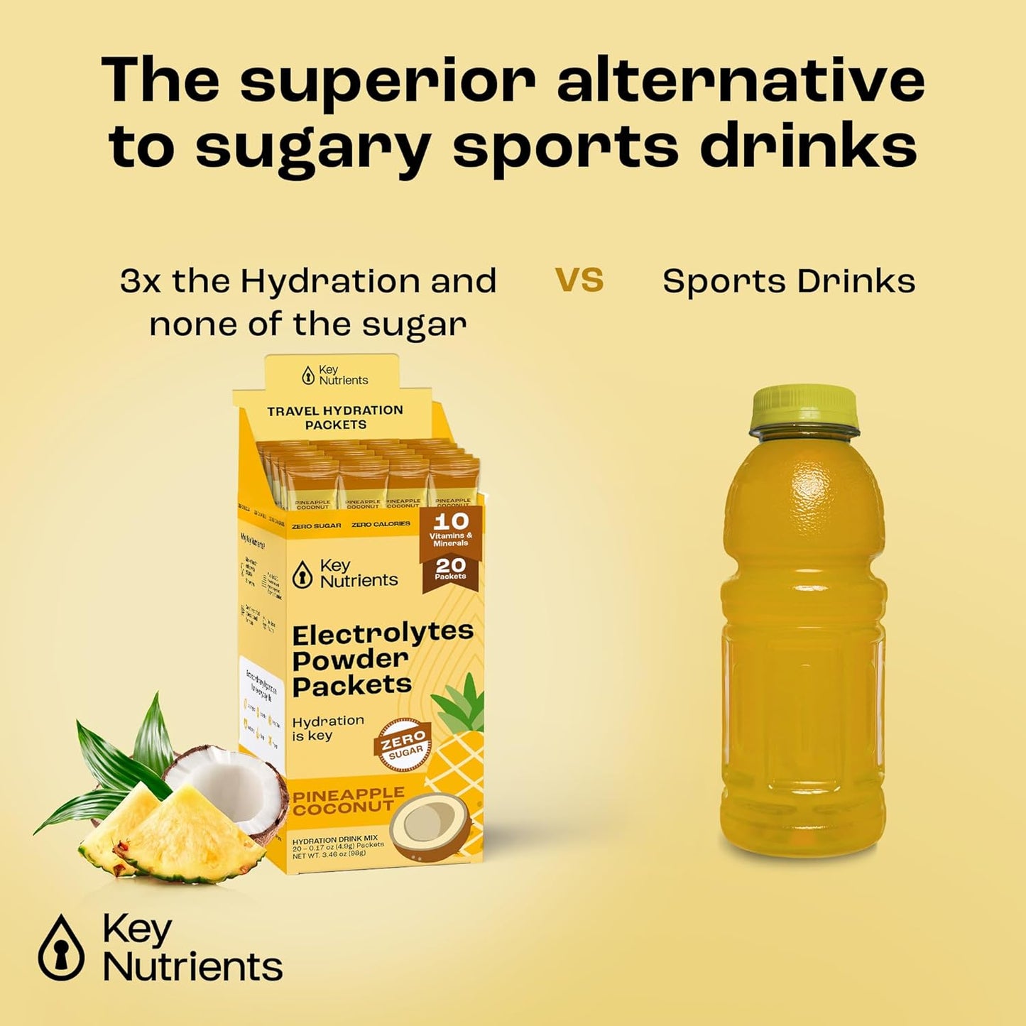 Tropical Pineapple Coconut Electrolytes Powder Packets - 20 Pack Hydration for Travel - Sugar-Free, Calorie-Free, Gluten-Free Keto Powder - USA-Made