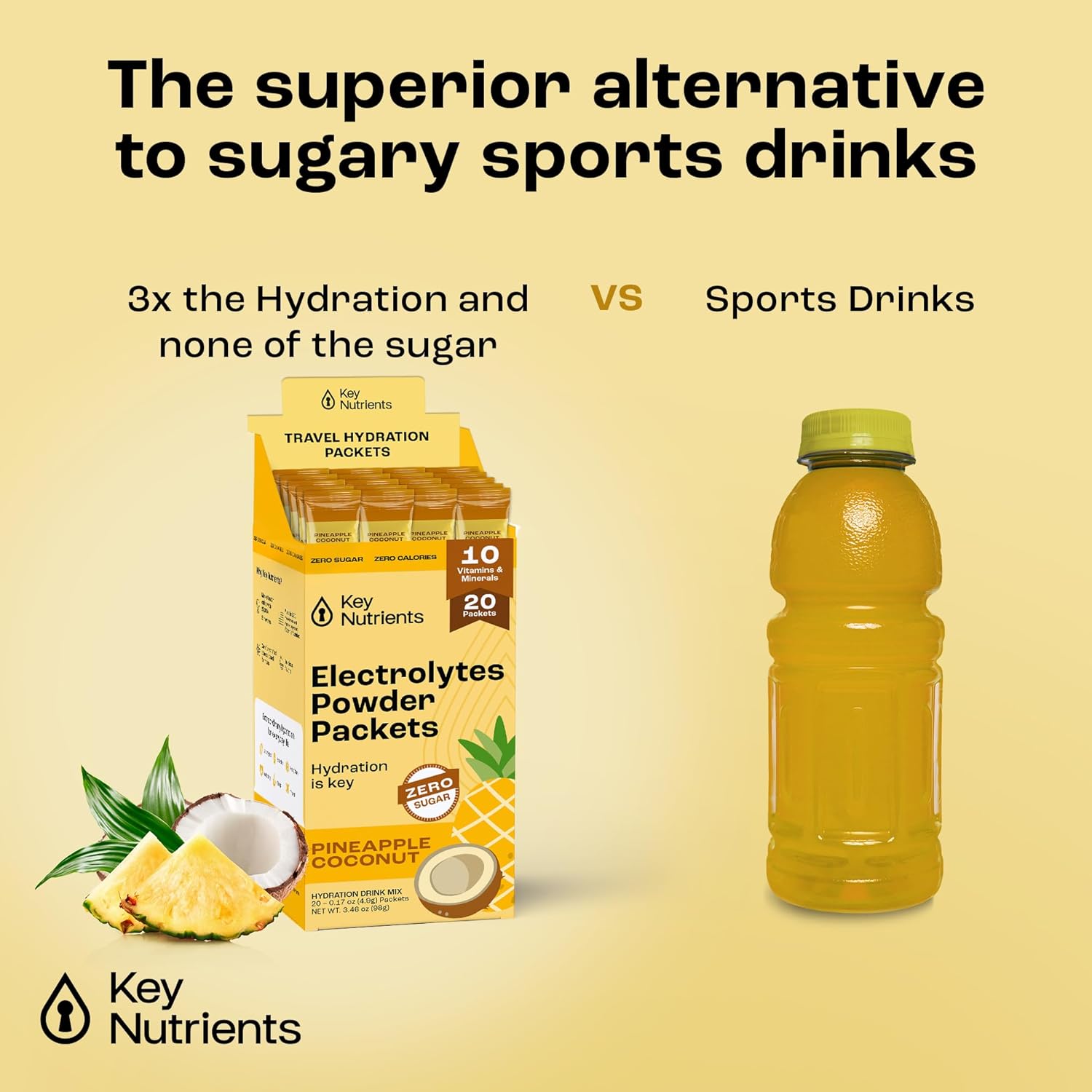 Tropical Pineapple Coconut Electrolytes Powder Packets - 20 Pack Hydration for Travel - Sugar-Free, Calorie-Free, Gluten-Free Keto Powder - USA-Made