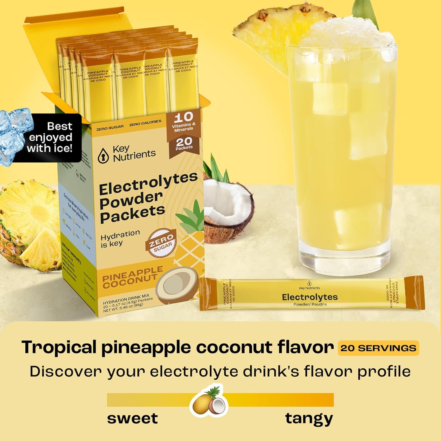 Tropical Pineapple Coconut Electrolytes Powder Packets - 20 Pack Hydration for Travel - Sugar-Free, Calorie-Free, Gluten-Free Keto Powder - USA-Made