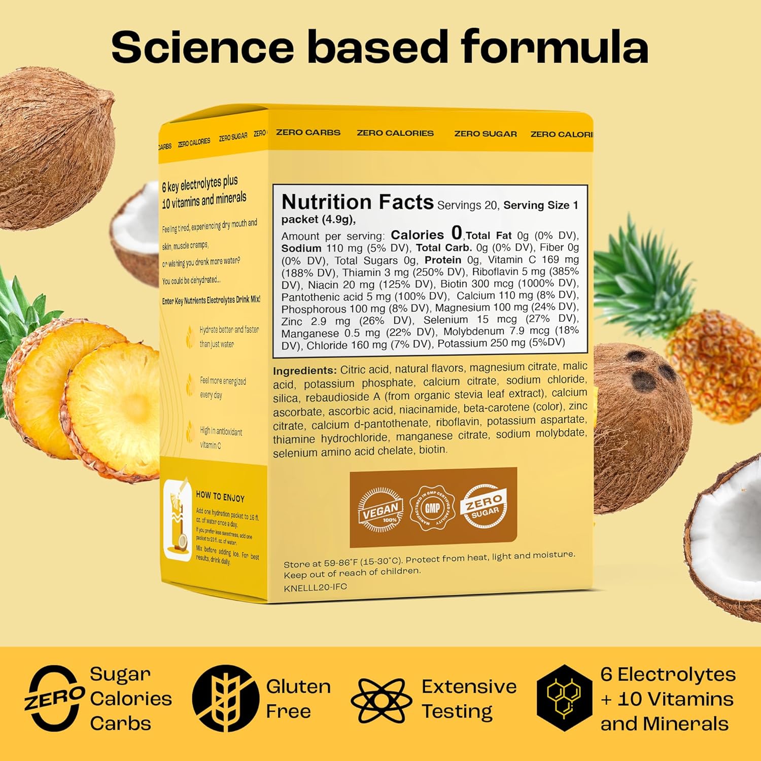 Tropical Pineapple Coconut Electrolytes Powder Packets - 20 Pack Hydration for Travel - Sugar-Free, Calorie-Free, Gluten-Free Keto Powder - USA-Made