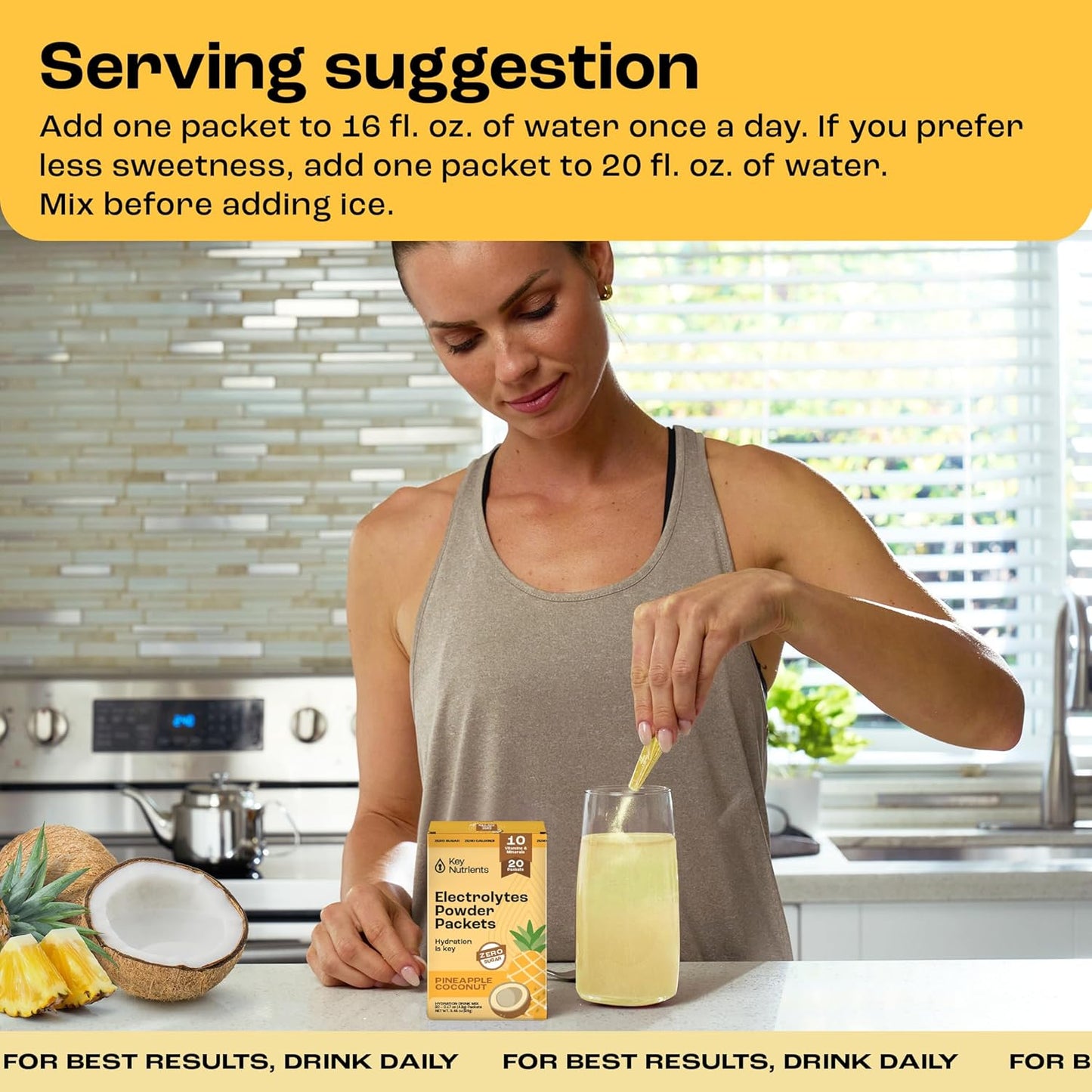 Tropical Pineapple Coconut Electrolytes Powder Packets - 20 Pack Hydration for Travel - Sugar-Free, Calorie-Free, Gluten-Free Keto Powder - USA-Made