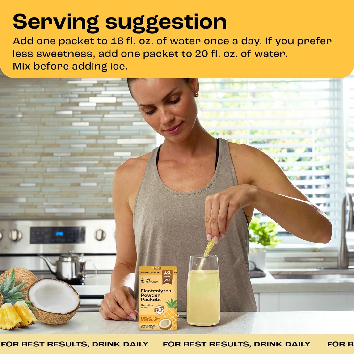 Tropical Pineapple Coconut Electrolytes Powder Packets - 20 Pack Hydration for Travel - Sugar-Free, Calorie-Free, Gluten-Free Keto Powder - USA-Made