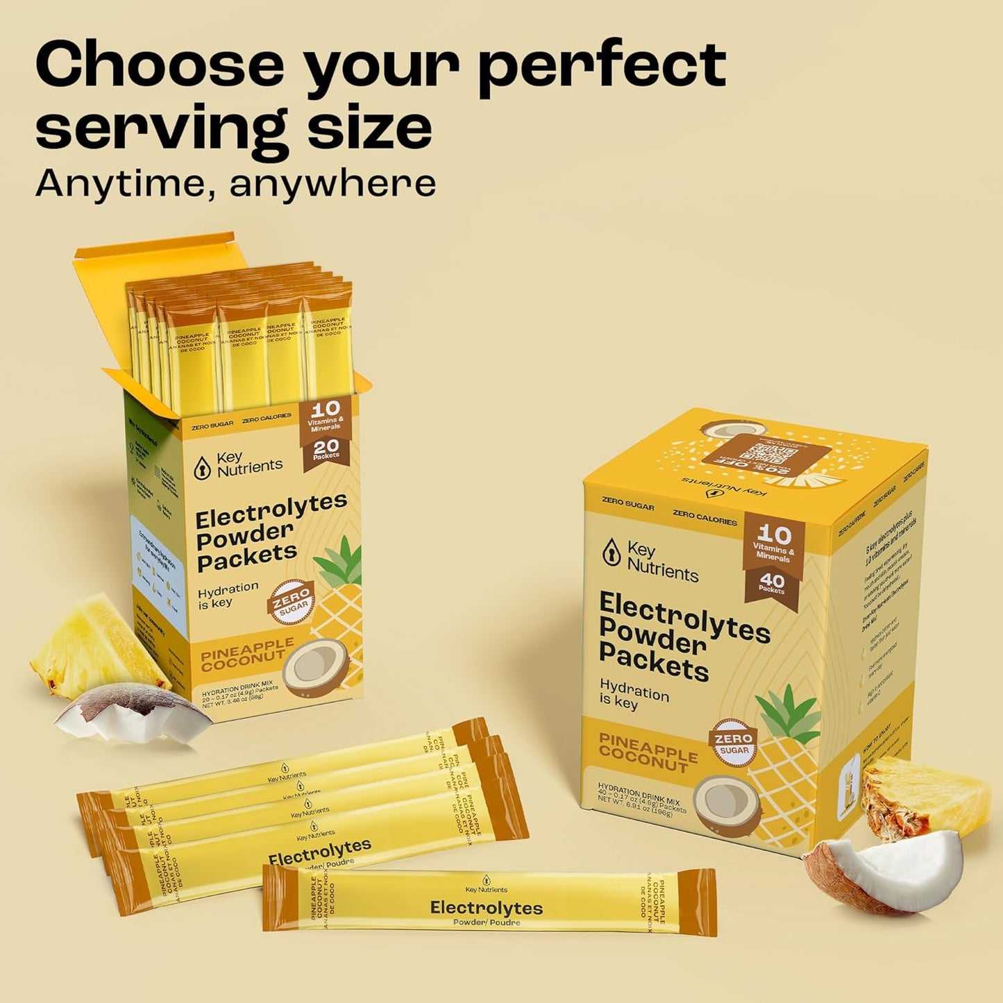 Tropical Pineapple Coconut Electrolytes Powder Packets - 20 Pack Hydration for Travel - Sugar-Free, Calorie-Free, Gluten-Free Keto Powder - USA-Made