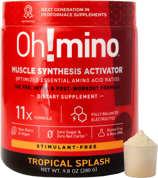 Tropical Splash BCAAs Amino Acids Powder Supplement for Muscle Gain - Non Caffeine, Non Dairy, Vegan - 40 Servings, 280g - Pre & Post Workout Recovery
