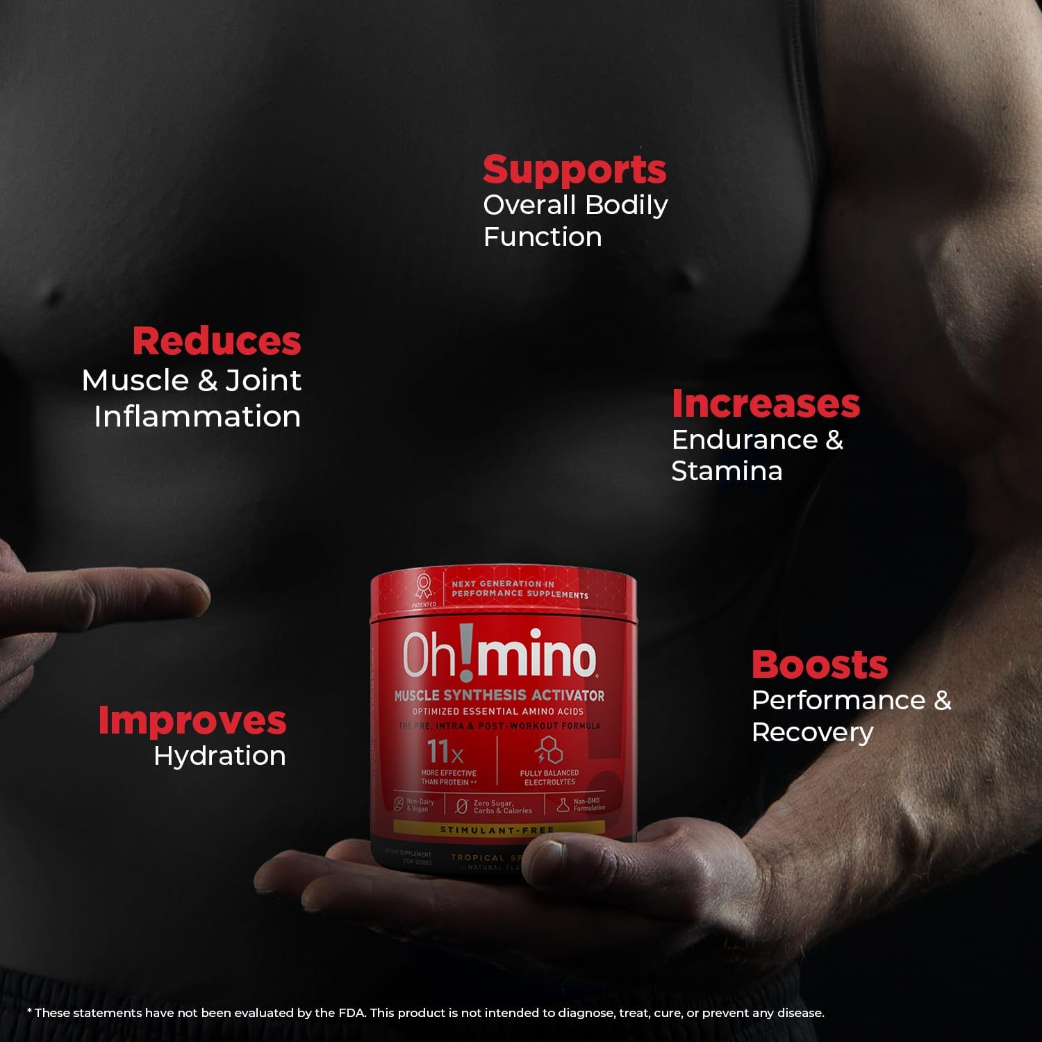 Tropical Splash BCAAs Amino Acids Powder Supplement for Muscle Gain - Non Caffeine, Non Dairy, Vegan - 40 Servings, 280g - Pre & Post Workout Recovery