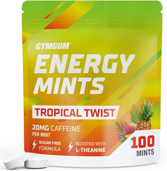 Tropical Twist GYMGUM Energy Mints - 60mg Caffeine, L-Theanine, B Vitamins - Sugar Free - 100 Count