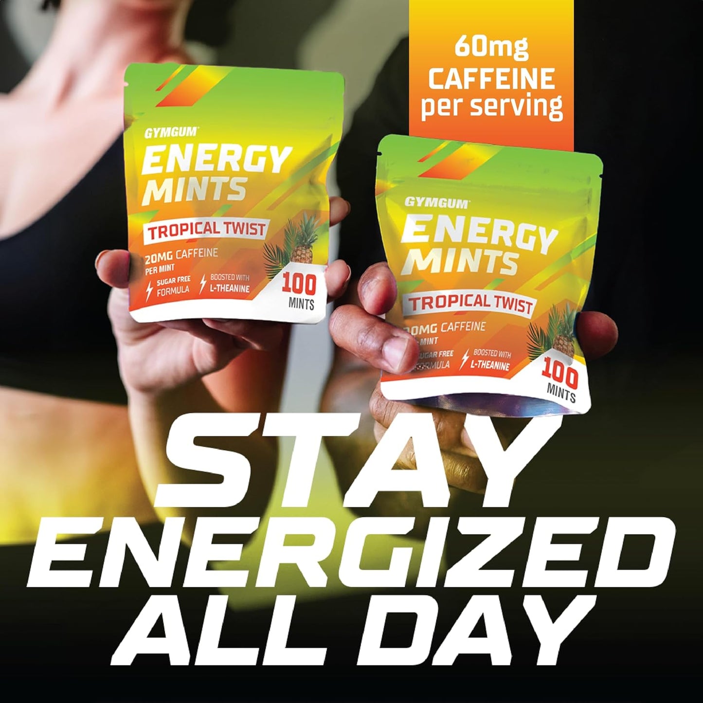 Tropical Twist GYMGUM Energy Mints - 60mg Caffeine, L-Theanine, B Vitamins - Sugar Free - 100 Count