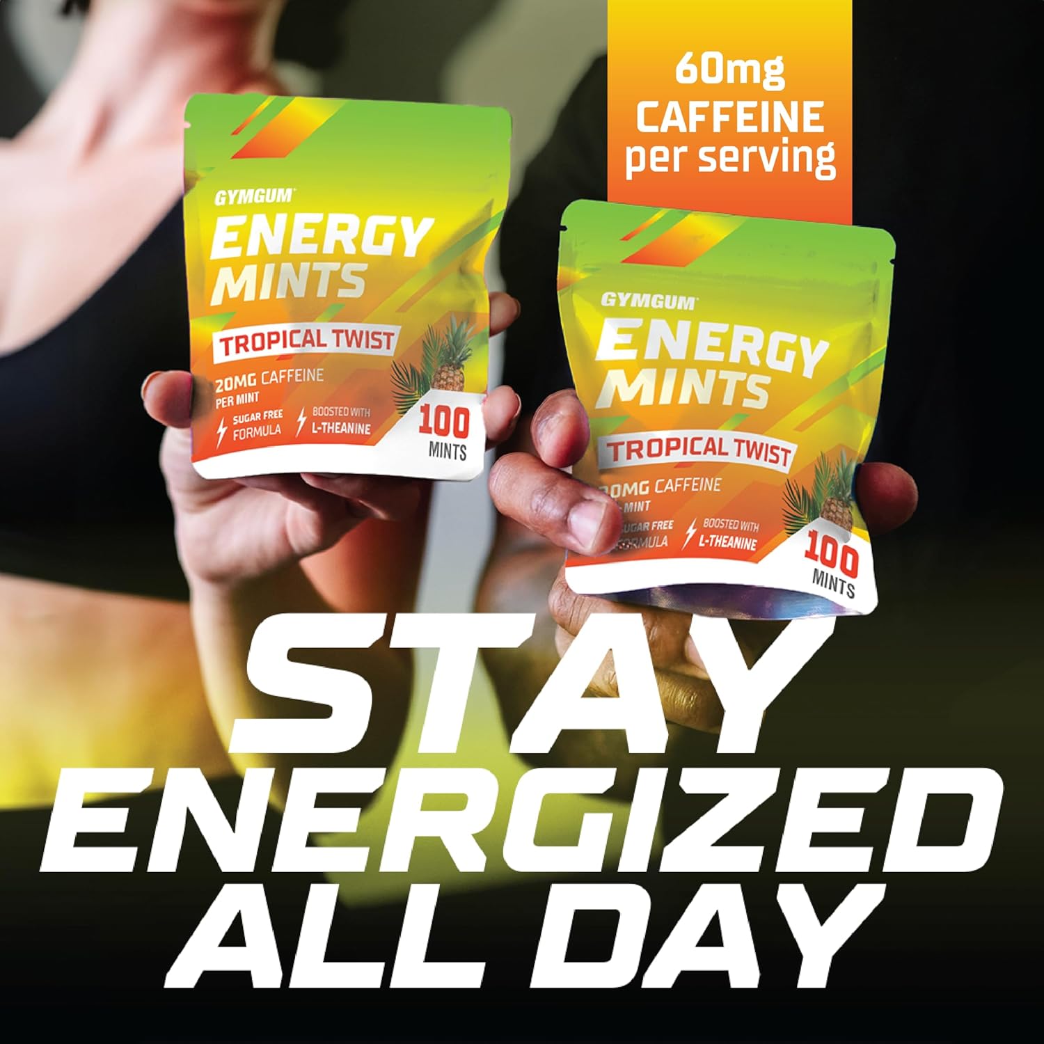 Tropical Twist GYMGUM Energy Mints - 60mg Caffeine, L-Theanine, B Vitamins - Sugar Free - 100 Count