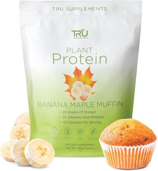 TRU Plant Based Protein Powder with BCAA and EAA, 20g Vegan Protein, 27 Vitamins, No Artificial Flavors - Banana Maple Muffin Flavor - 25 Servings