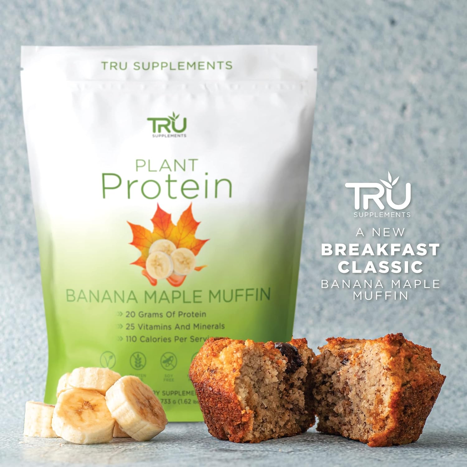 TRU Plant Based Protein Powder with BCAA and EAA, 20g Vegan Protein, 27 Vitamins, No Artificial Flavors - Banana Maple Muffin Flavor - 25 Servings
