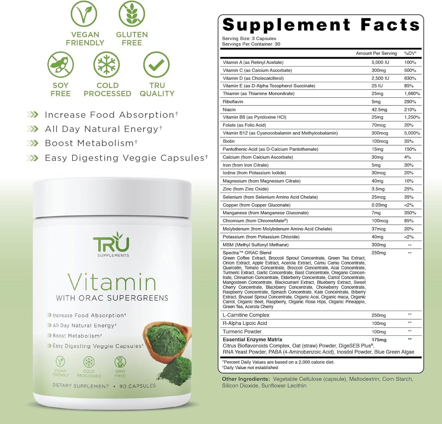 TRU Supplements A-Z Vitamin & Mineral Profile with Spectra Supergreens for Digestive & Joint Support - 30 Servings