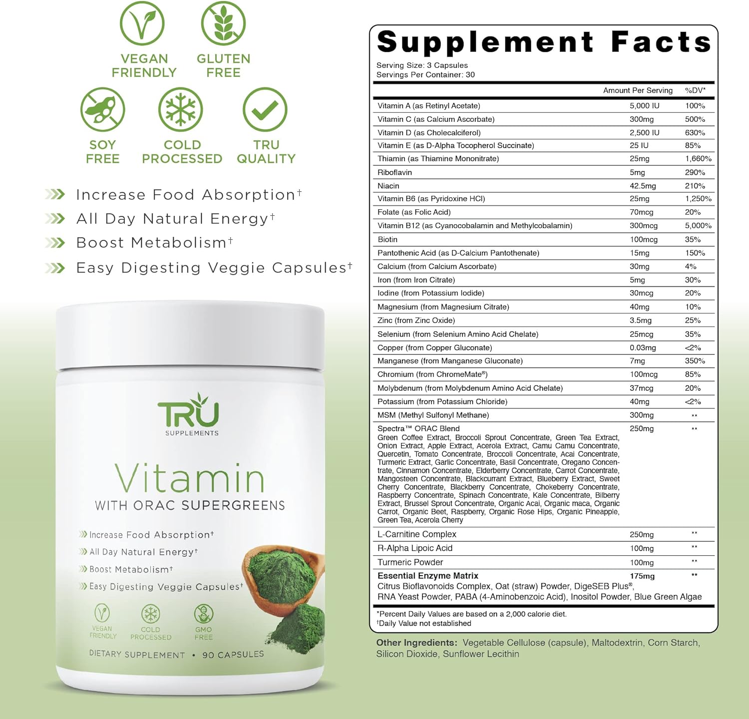 TRU Supplements A-Z Vitamin & Mineral Profile with Spectra Supergreens for Digestive & Joint Support - 30 Servings