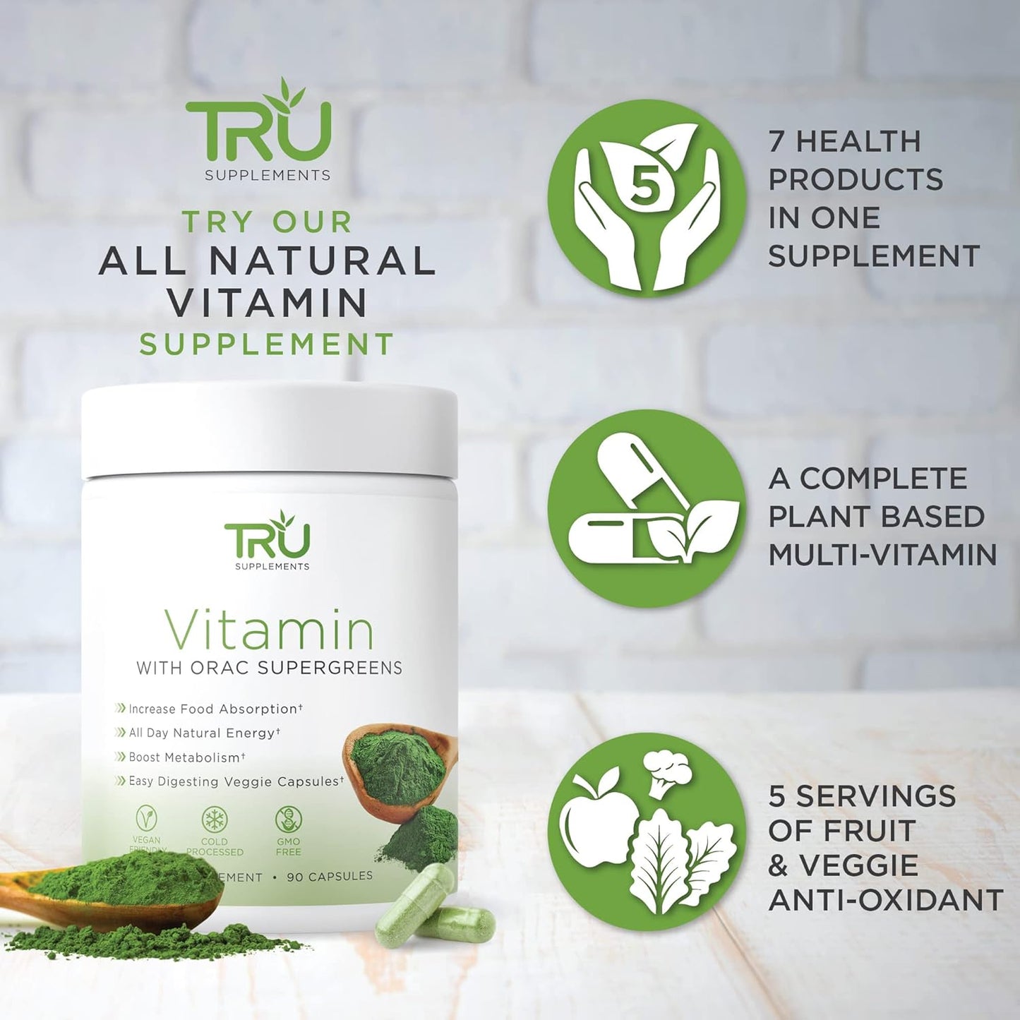 TRU Supplements A-Z Vitamin & Mineral Profile with Spectra Supergreens for Digestive & Joint Support - 30 Servings