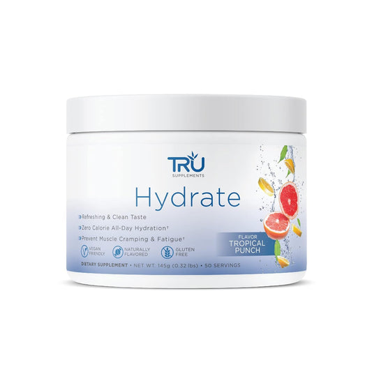 TRU Supplements TRU Hydrate Electrolyte Hydration Powder Tropical Punch 50 Servings Sugar Free 0 Calories 0 Carbs Keto-Friendly No Artificial Additives