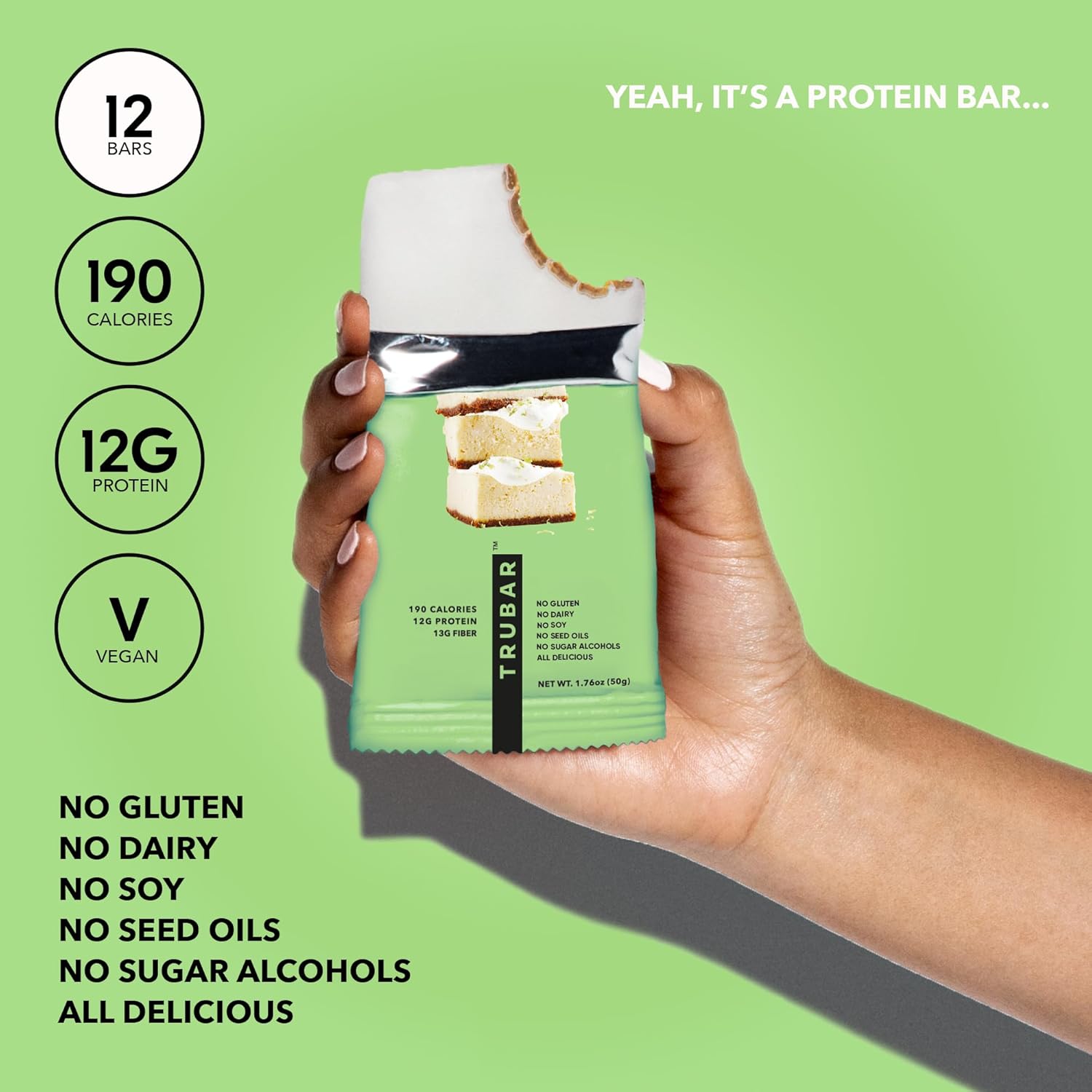 TRUBAR Key Lime Vegan Protein Bars, Gluten-Free, Plant-Based, High-Fiber, Dairy-Free, Low-Fat, Non-GMO, No Sugar Alcohols, 12 Count Pack