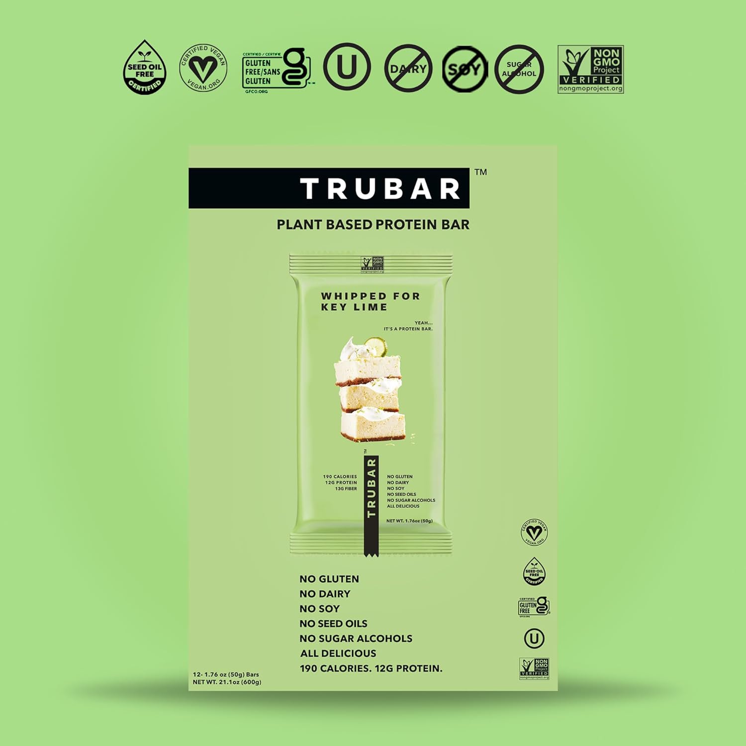 TRUBAR Key Lime Vegan Protein Bars, Gluten-Free, Plant-Based, High-Fiber, Dairy-Free, Low-Fat, Non-GMO, No Sugar Alcohols, 12 Count Pack