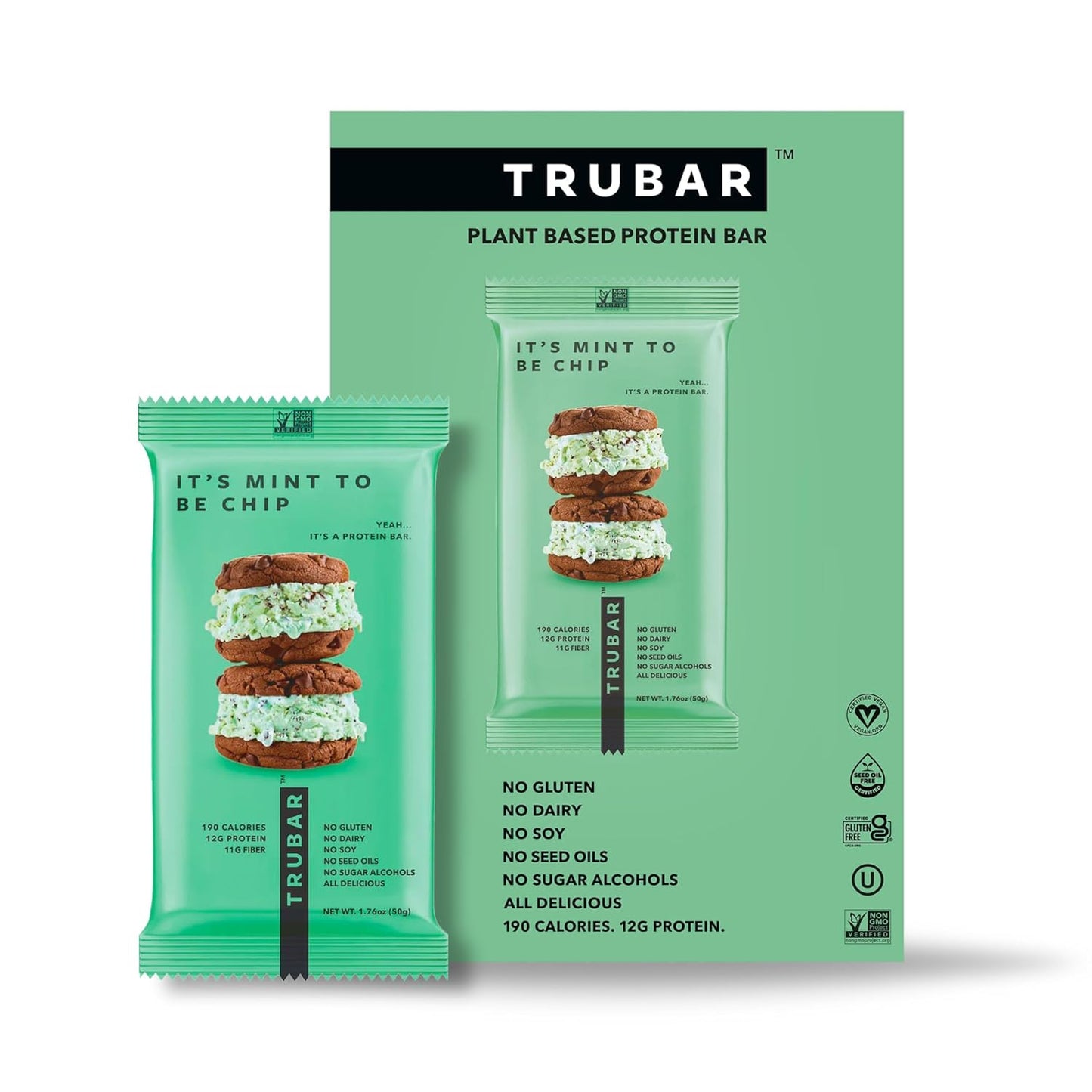 TRUBAR Mint Chip Vegan Protein Bars - Gluten-Free, Plant-Based, High Fiber, Dairy-Free, Low Fat, Non-GMO, No Sugar Alcohols - 12 Pack