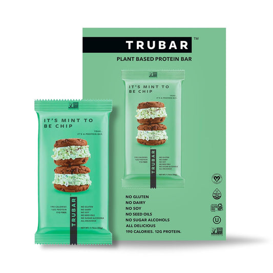 TRUBAR Mint Chip Vegan Protein Bars - Gluten-Free, Plant-Based, High Fiber, Dairy-Free, Low Fat, Non-GMO, No Sugar Alcohols - 12 Pack