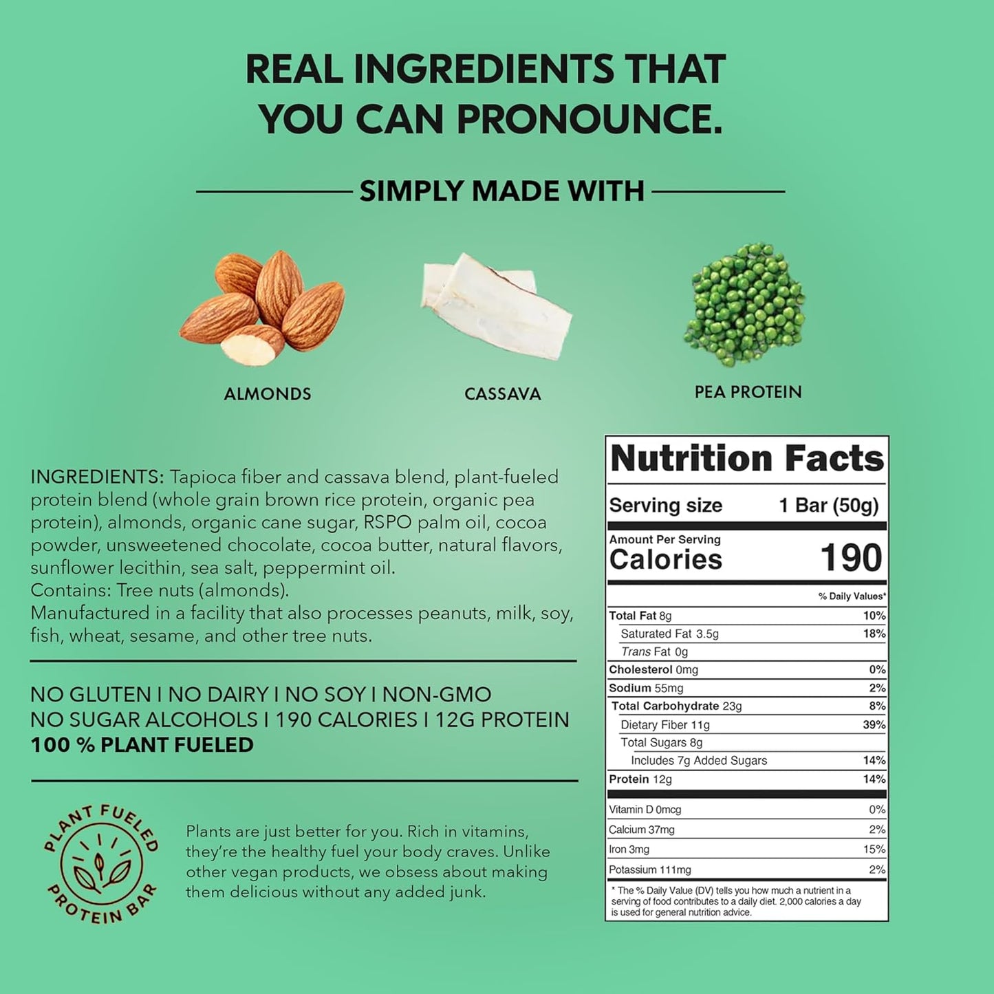 TRUBAR Mint Chip Vegan Protein Bars - Gluten-Free, Plant-Based, High Fiber, Dairy-Free, Low Fat, Non-GMO, No Sugar Alcohols - 12 Pack