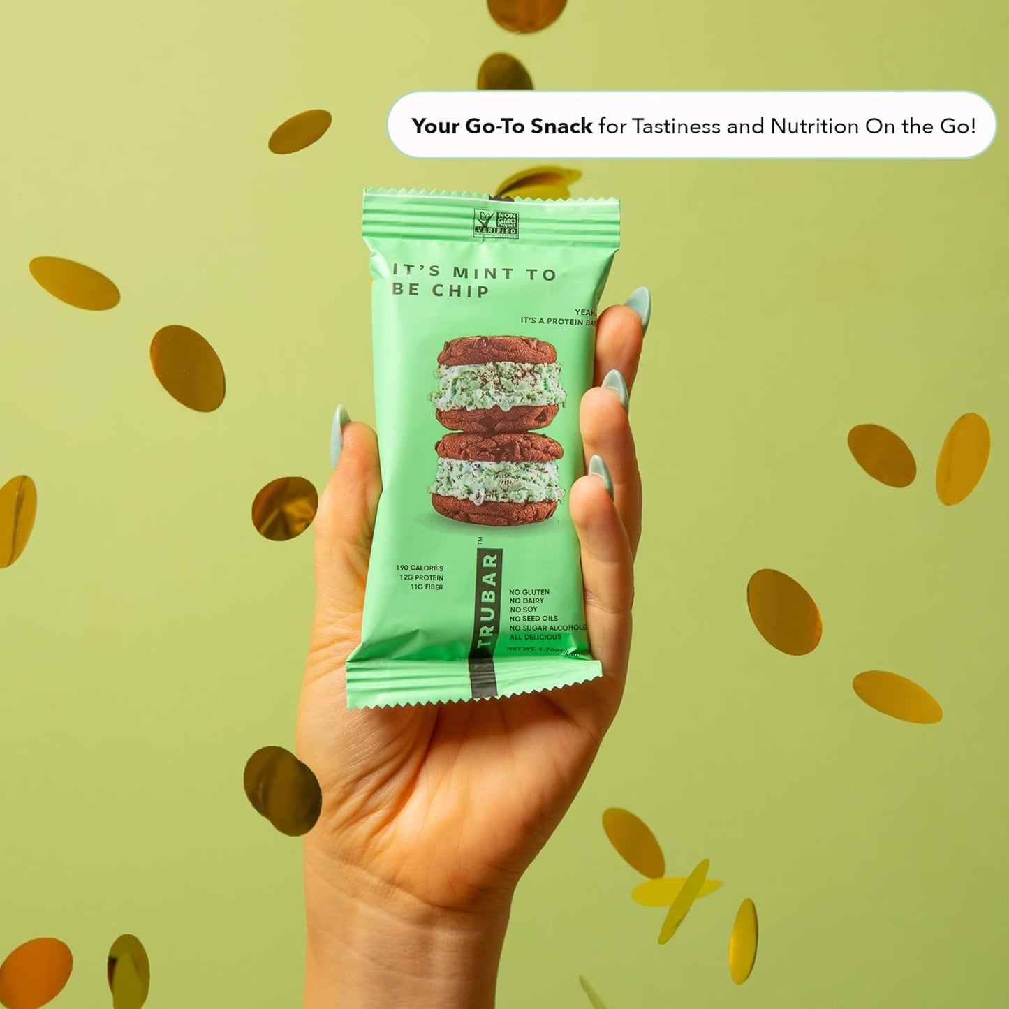 TRUBAR Mint Chip Vegan Protein Bars - Gluten-Free, Plant-Based, High Fiber, Dairy-Free, Low Fat, Non-GMO, No Sugar Alcohols - 12 Pack