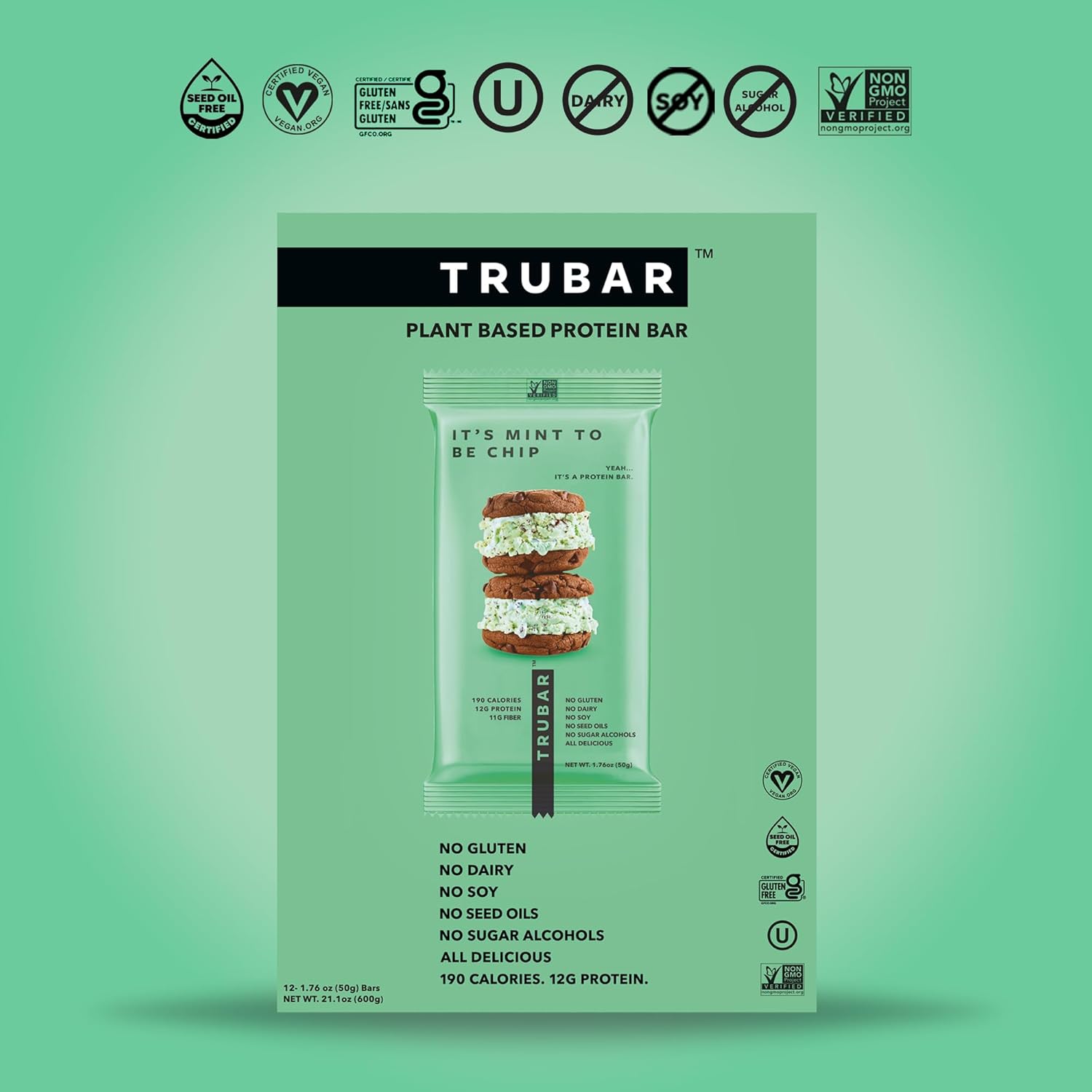 TRUBAR Mint Chip Vegan Protein Bars - Gluten-Free, Plant-Based, High Fiber, Dairy-Free, Low Fat, Non-GMO, No Sugar Alcohols - 12 Pack