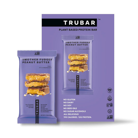 TRUBAR Vegan Protein Bars, Peanut Butter Fudge Flavor, Gluten-Free, Plant-Based, High Fiber, Dairy-Free, Low Fat, Non-GMO, No Sugar Alcohols, 12g Protein, 13g Fiber, Healthy Snack Bars - 12 Count