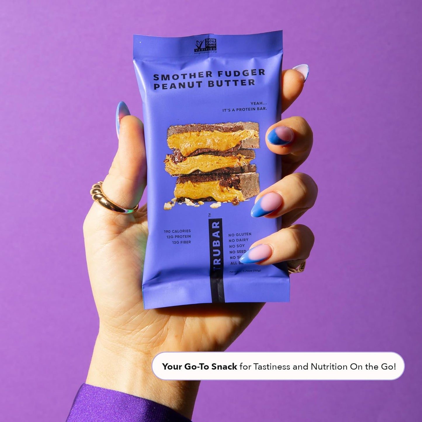 TRUBAR Vegan Protein Bars, Peanut Butter Fudge Flavor, Gluten-Free, Plant-Based, High Fiber, Dairy-Free, Low Fat, Non-GMO, No Sugar Alcohols, 12g Protein, 13g Fiber, Healthy Snack Bars - 12 Count