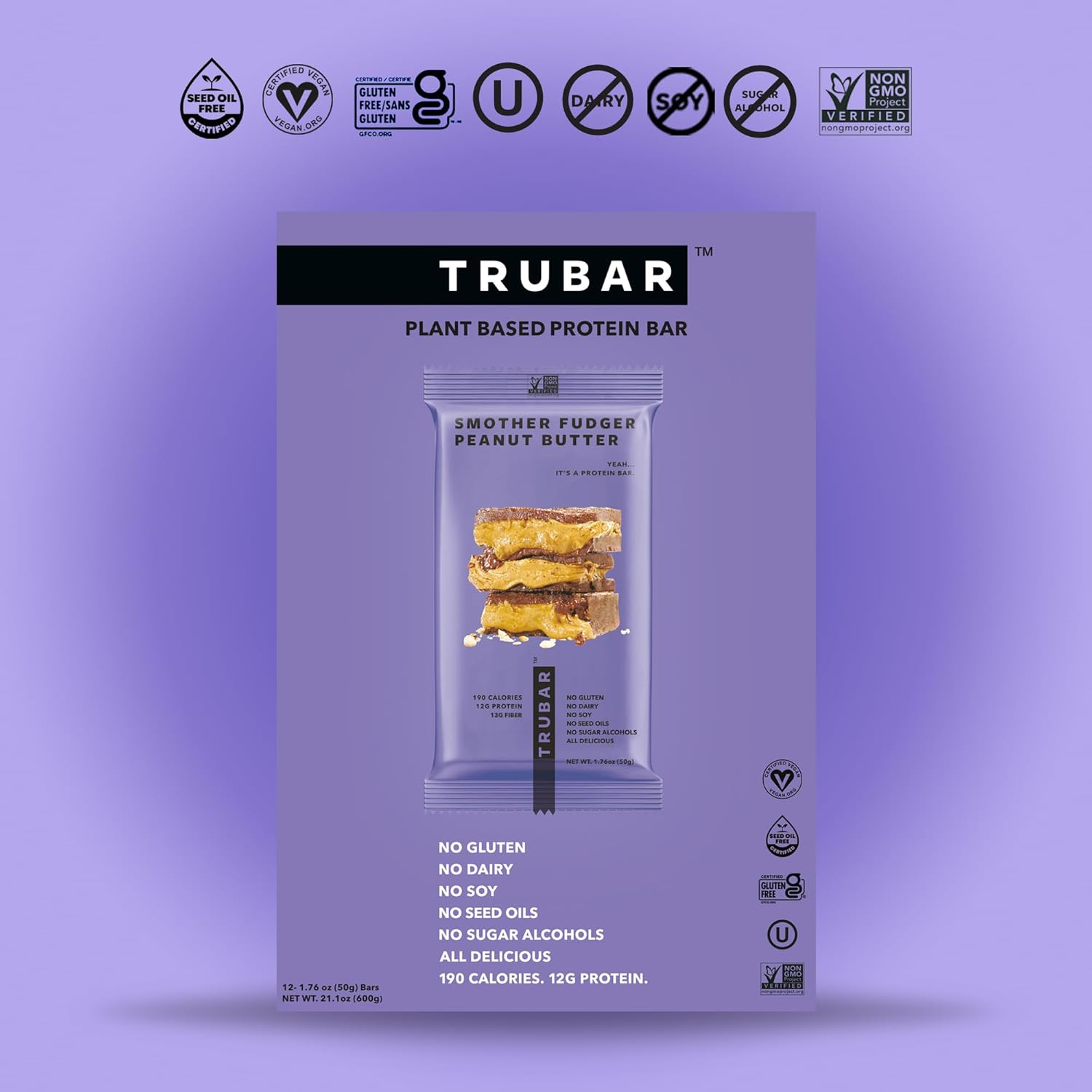 TRUBAR Vegan Protein Bars, Peanut Butter Fudge Flavor, Gluten-Free, Plant-Based, High Fiber, Dairy-Free, Low Fat, Non-GMO, No Sugar Alcohols, 12g Protein, 13g Fiber, Healthy Snack Bars - 12 Count