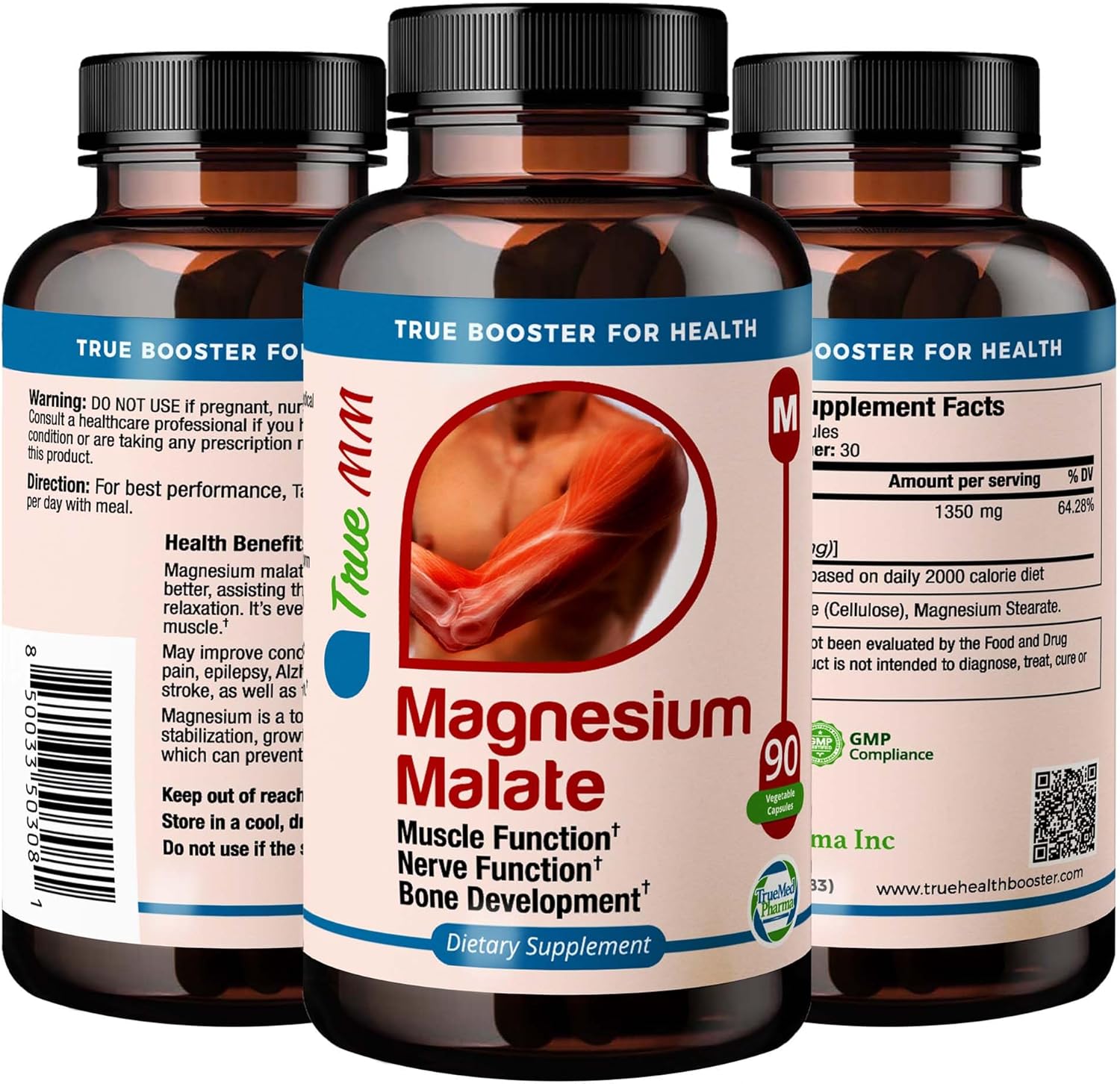 TRUEMED Magnesium Malate Capsules for Muscle Metabolism & Holistic Wellness - Non-GMO, 90ct