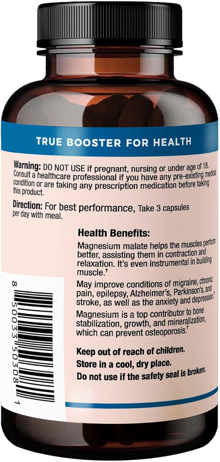 TRUEMED Magnesium Malate Capsules for Muscle Metabolism & Holistic Wellness - Non-GMO, 90ct