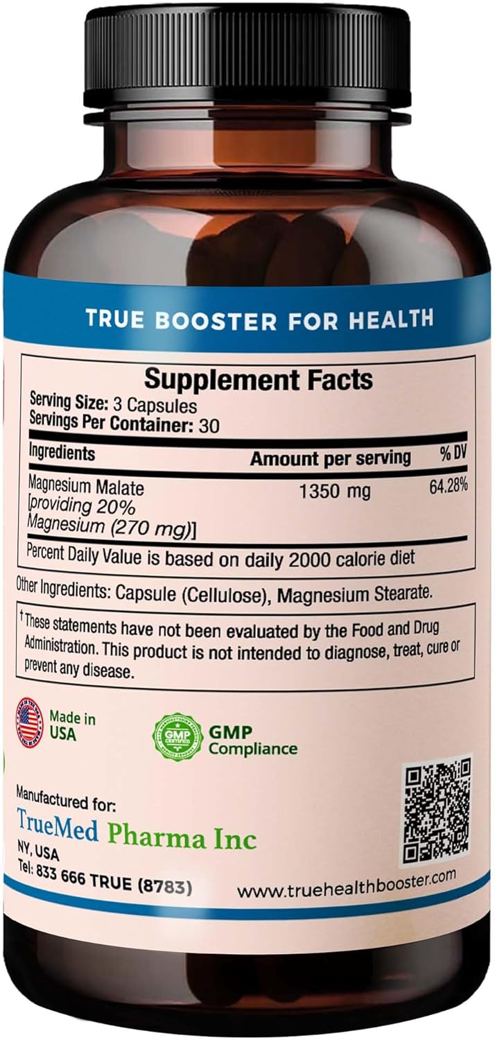 TRUEMED Magnesium Malate Capsules for Muscle Metabolism & Holistic Wellness - Non-GMO, 90ct