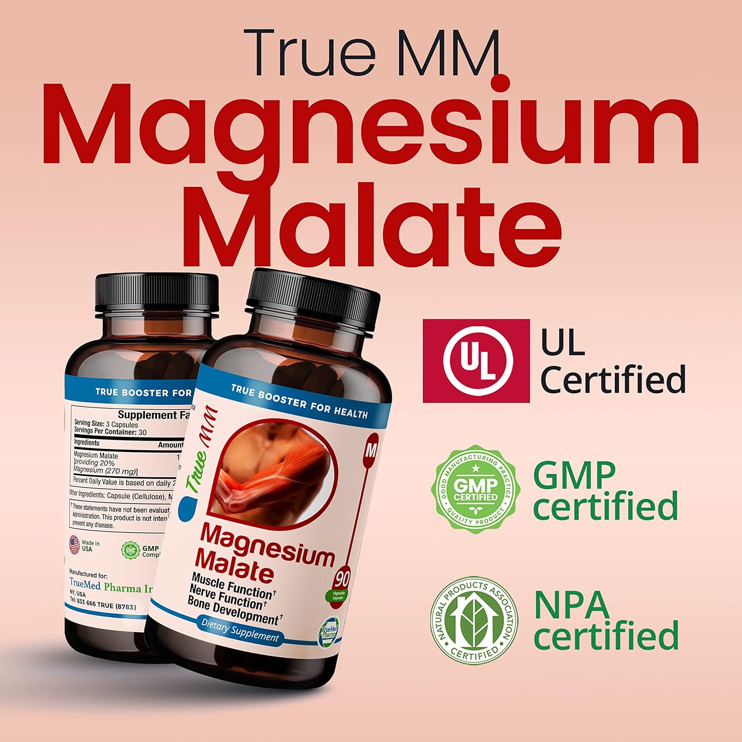 TRUEMED Magnesium Malate Capsules for Muscle Metabolism & Holistic Wellness - Non-GMO, 90ct