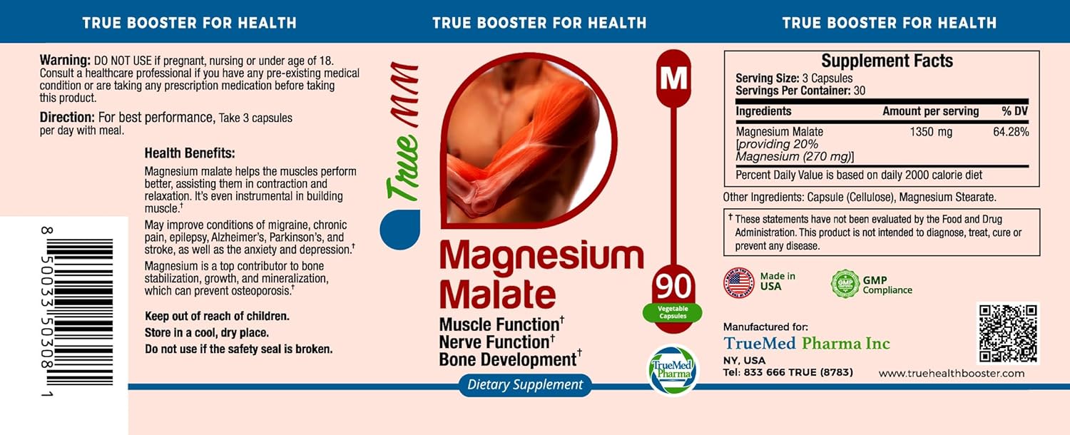 TRUEMED Magnesium Malate Capsules for Muscle Metabolism & Holistic Wellness - Non-GMO, 90ct