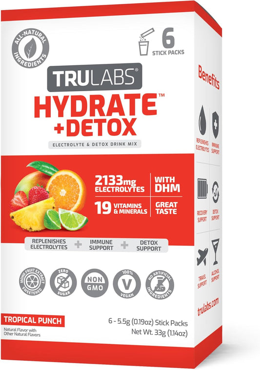 TRULABS Hydrate + Detox Tropical Punch Electrolyte Hydration Packets - 6ct. Sugar Free with 1422mg Electrolytes, 19 Vitamins & Minerals, DHM