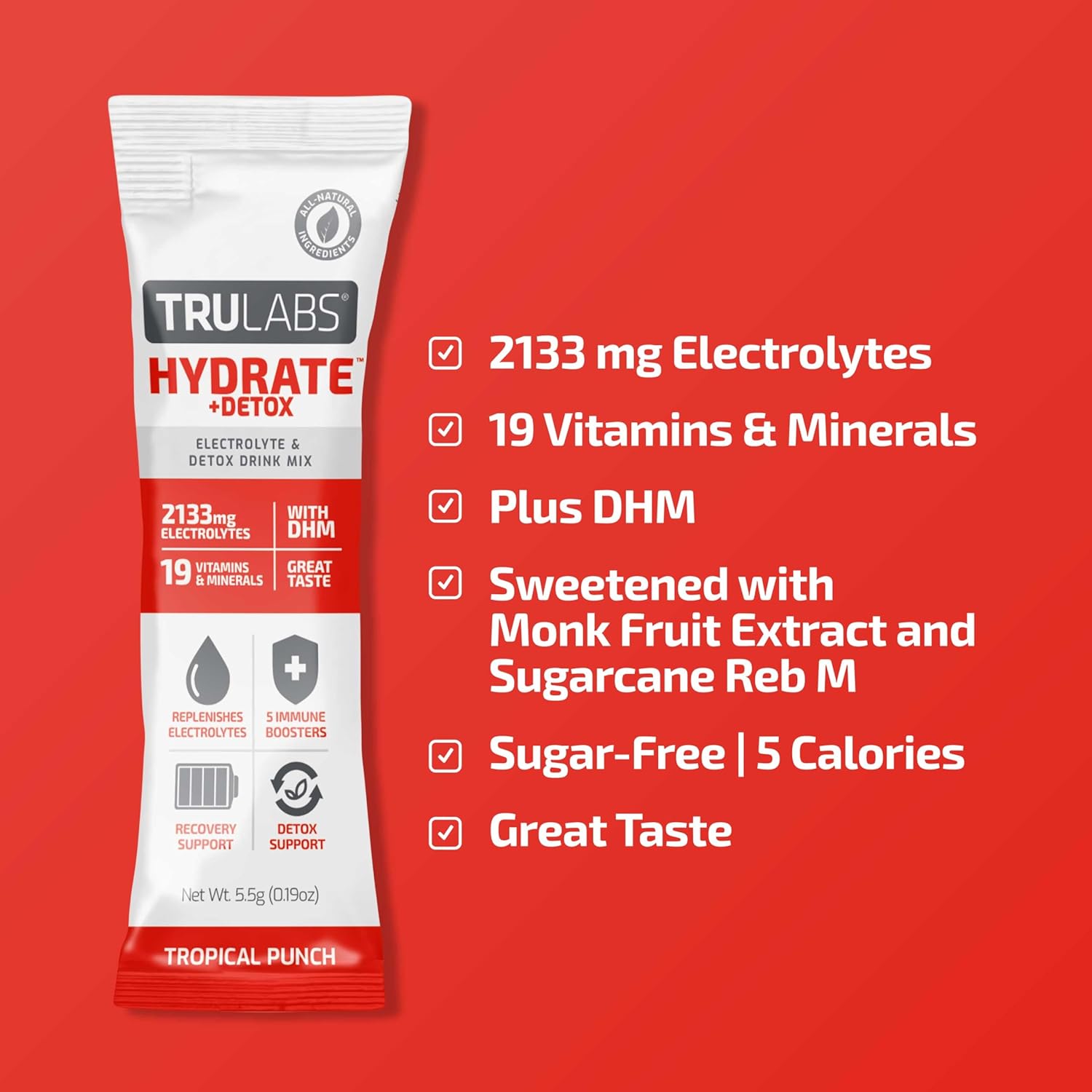 TRULABS Hydrate + Detox Tropical Punch Electrolyte Hydration Packets - 6ct. Sugar Free with 1422mg Electrolytes, 19 Vitamins & Minerals, DHM