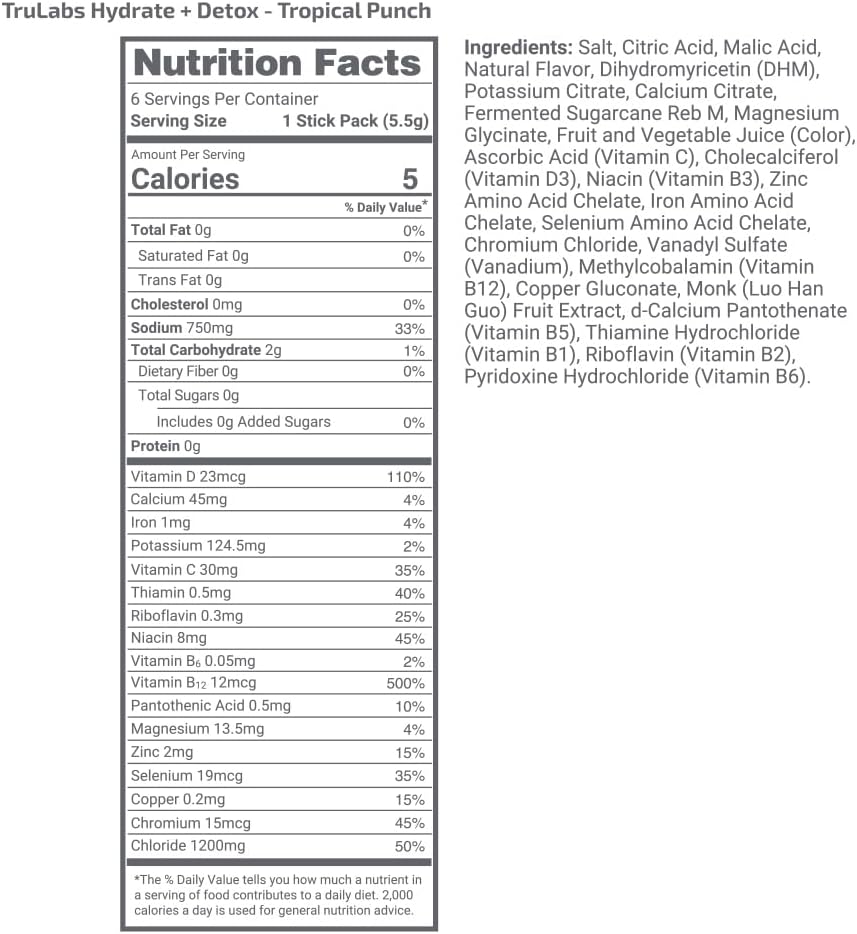 TRULABS Hydrate + Detox Tropical Punch Electrolyte Hydration Packets - 6ct. Sugar Free with 1422mg Electrolytes, 19 Vitamins & Minerals, DHM
