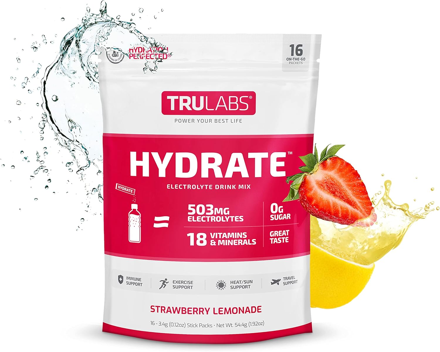 TRULABS Hydrate Strawberry Lemonade Electrolyte Powder Drink Mix - 16 Sticks, Zero Sugar, 5 Calories, 503mg Electrolytes.