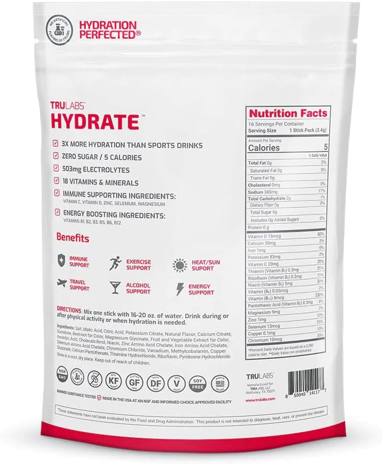 TRULABS Hydrate Strawberry Lemonade Electrolyte Powder Drink Mix - 16 Sticks, Zero Sugar, 5 Calories, 503mg Electrolytes.