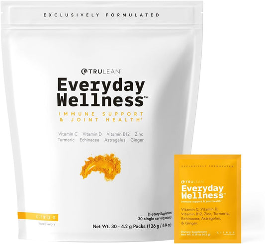 TRULEAN Everyday Wellness Immune Support Shot with Vitamin C, Turmeric, Ginger, Zinc, Echinacea - Sugar & Gluten Free - 30 Packets